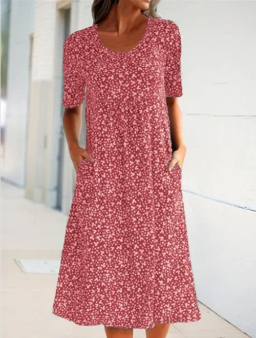 Casual Women Polyester Scoop Neck Floral Dress (8 Colors with Pockets)