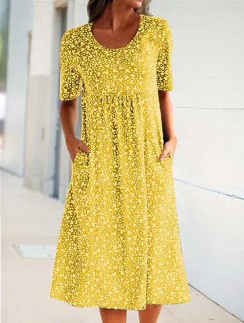 Casual Women Polyester Scoop Neck Floral Dress (8 Colors with Pockets)