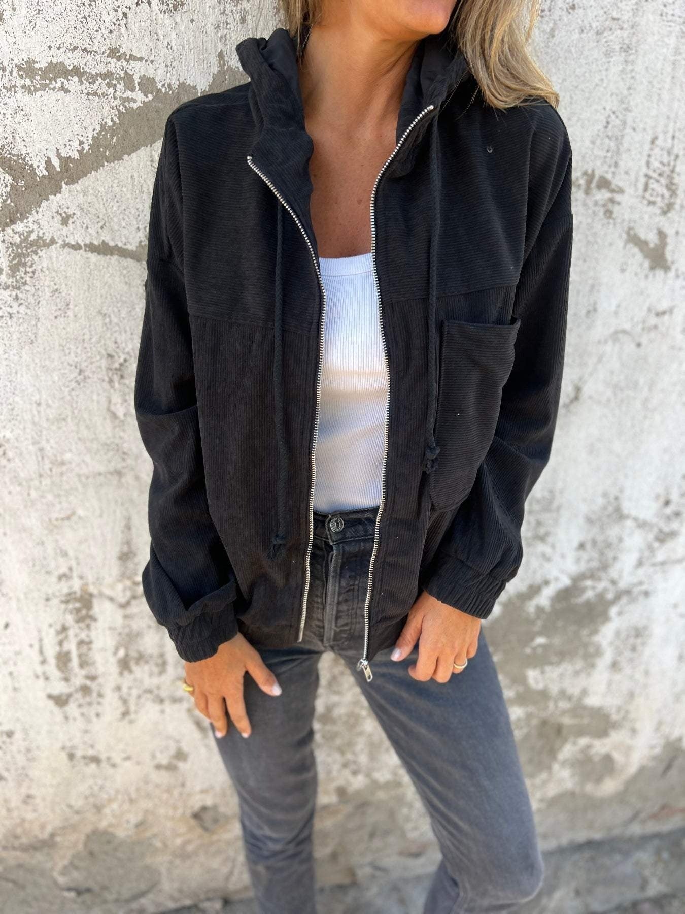 Corduroy Casual Zip Hooded Jacket