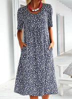 Casual Women Polyester Scoop Neck Floral Dress (8 Colors with Pockets)