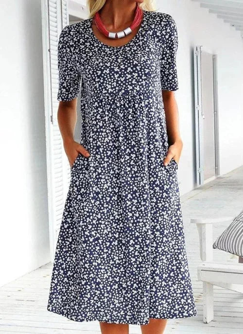 Casual Women Polyester Scoop Neck Floral Dress (8 Colors with Pockets)