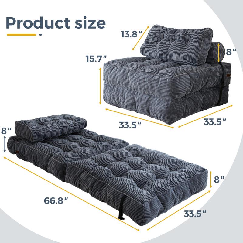 Corduroy Folding Sofa Bed, Convertible Sleeper Chair with Pillow Foldable Mattress with Back Support; Single Size
