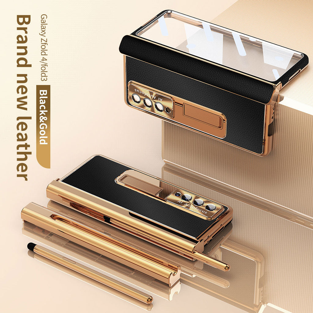 Aluminum Alloy Frame Magnetic Bracket All-Inclusive Electroplating Leather Cover For Galaxy Z Fold3 Fold4 Fold5