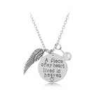 Angel Wing Necklace with Pearl - Engraved Round - "A piece of my heart lives in heaven"