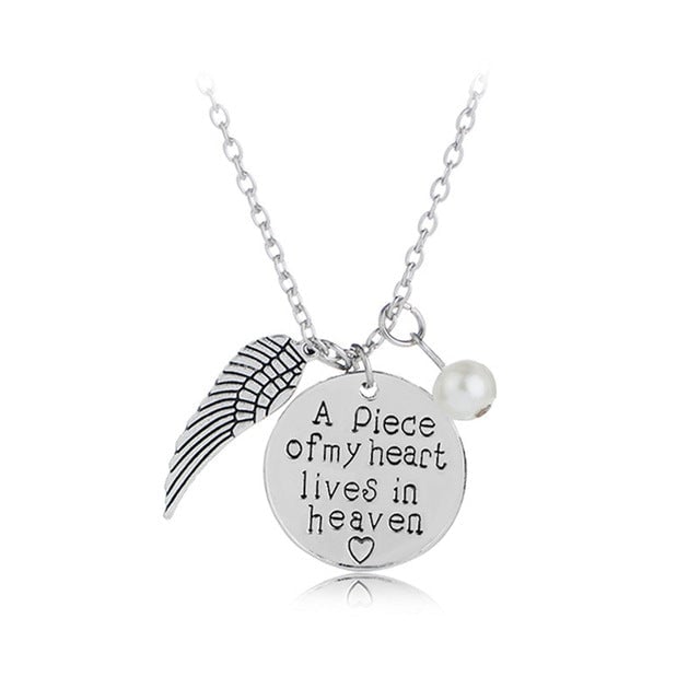 Angel Wing Necklace with Pearl - Engraved Round - "A piece of my heart lives in heaven"