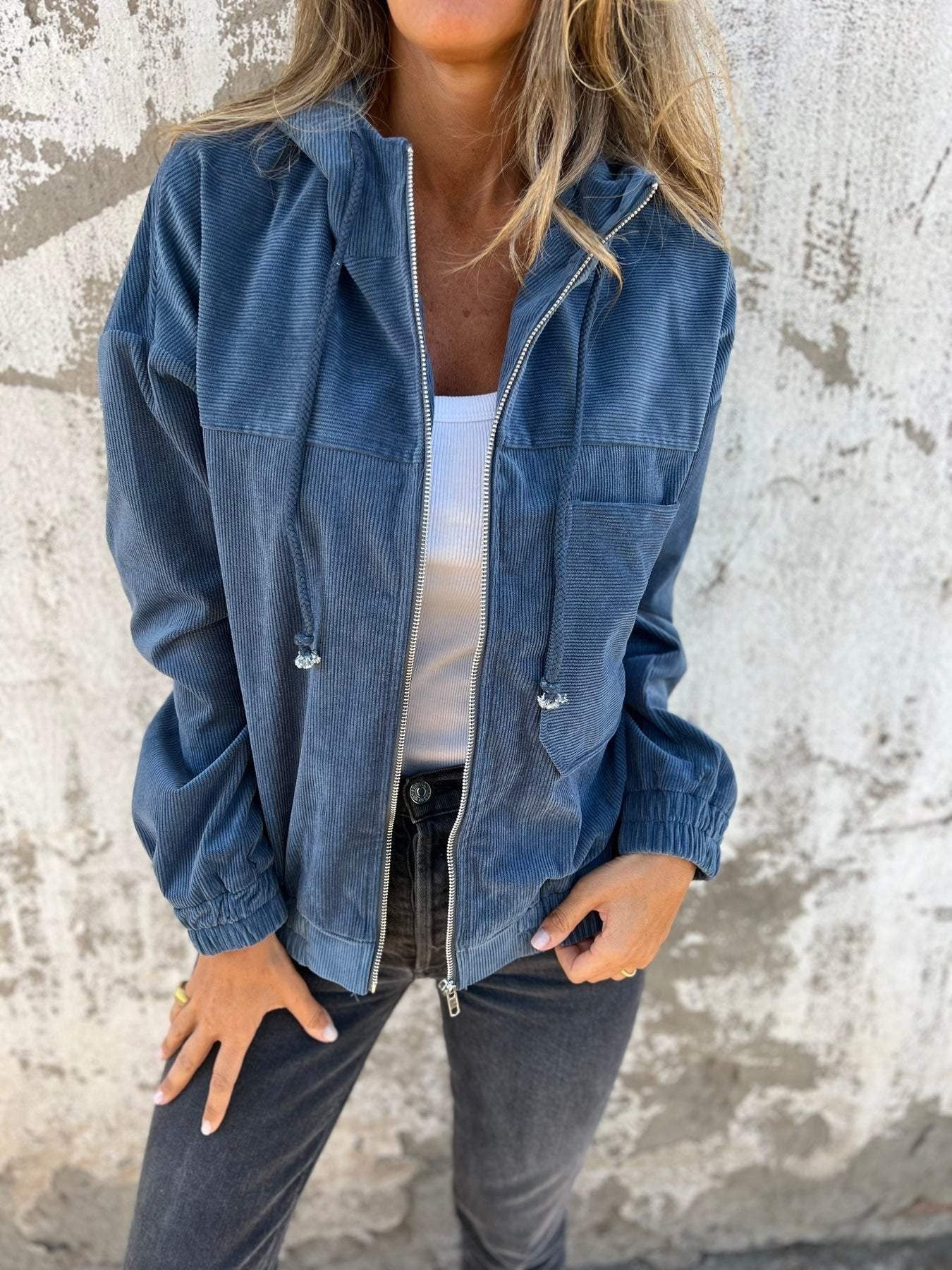 Corduroy Casual Zip Hooded Jacket