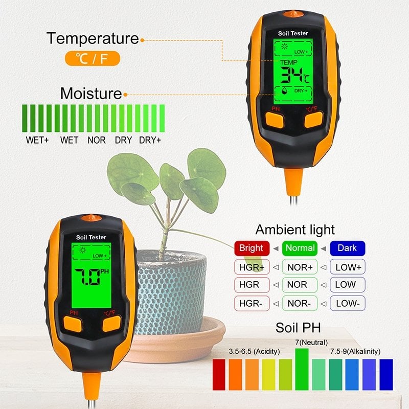 2025 Newly Upgraded Digital 4-in-1 Soil Test Meter, large LCD screen, probe accurately quick measure