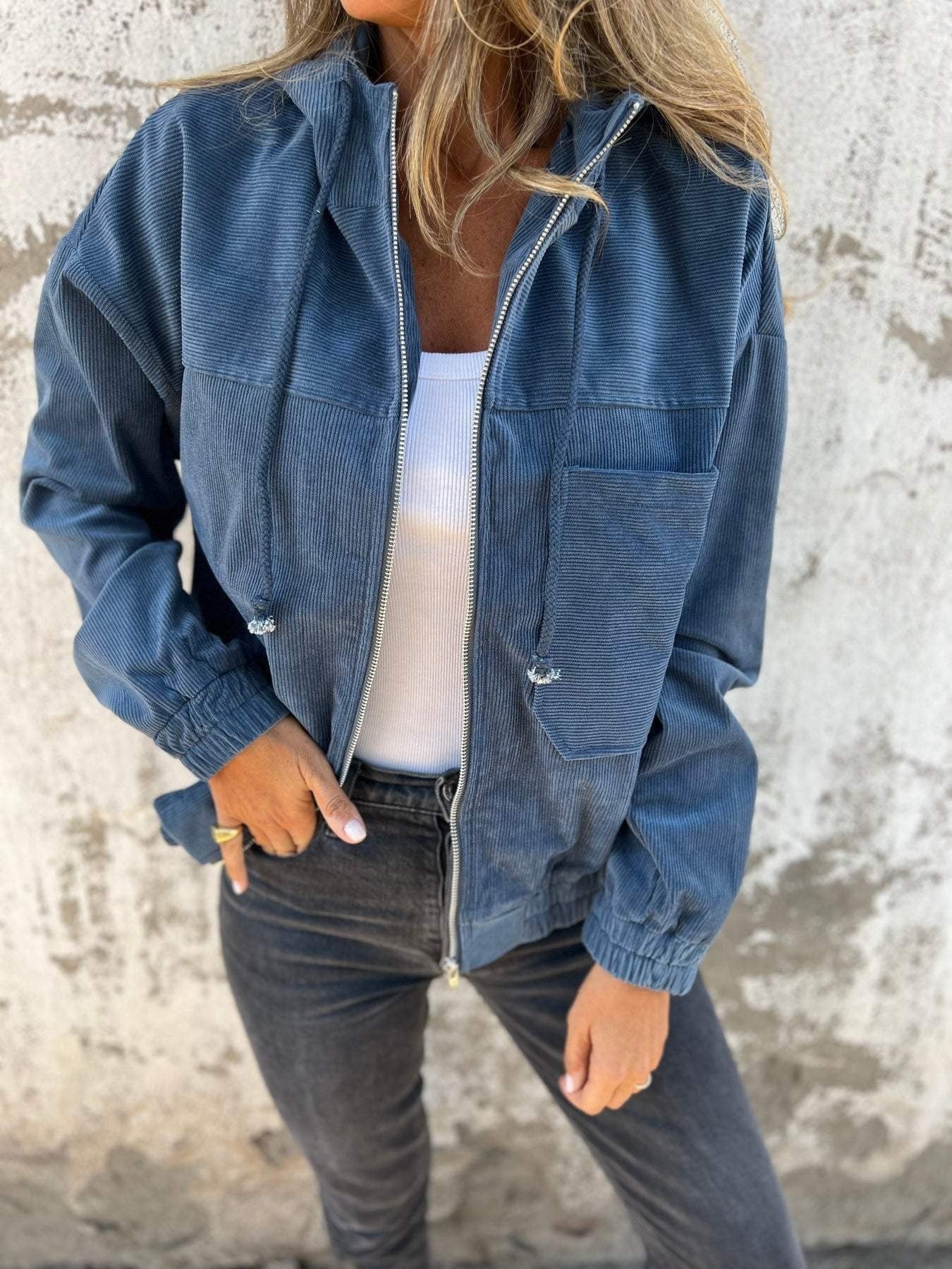 Corduroy Casual Zip Hooded Jacket