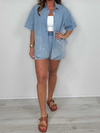 Denim Diamond Detail Loose Shirt and Shorts Set