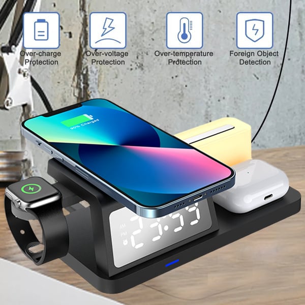 Charging Station with Clock, Wireless Charger with Night Light（Fast Charging)⚡