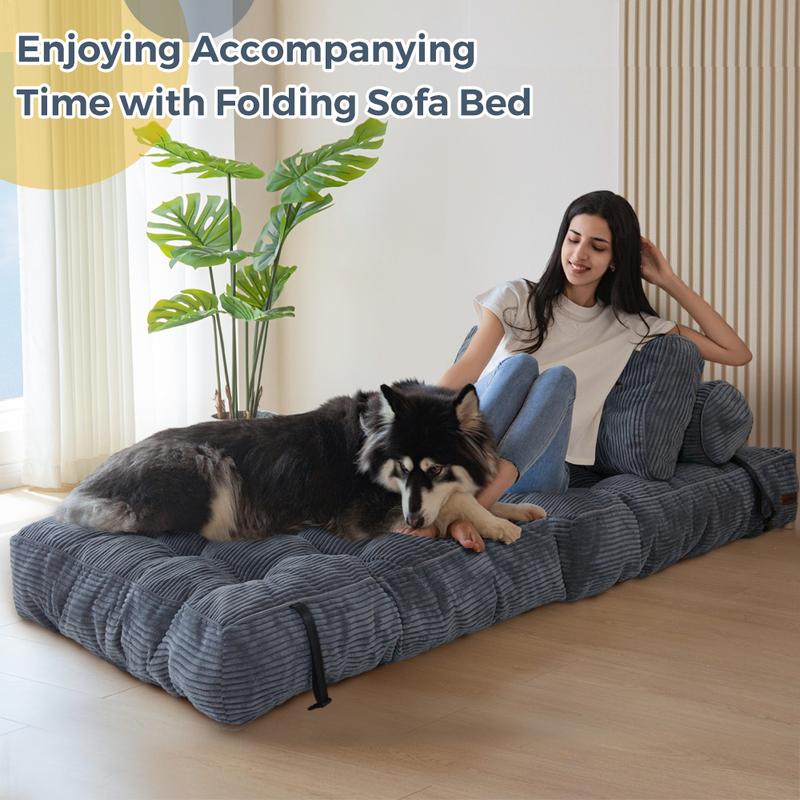 Corduroy Folding Sofa Bed, Convertible Sleeper Chair with Pillow Foldable Mattress with Back Support; Single Size
