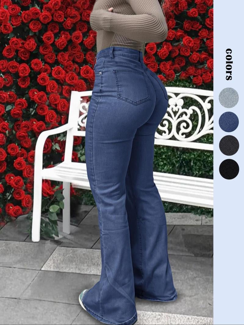 Bootcut Women Jeans Solid Color High Slim Fit Waist Stretch Casual Versatile