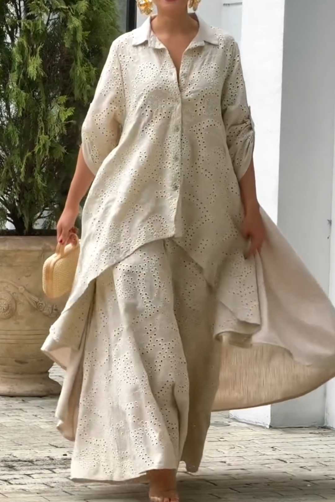Bohemian Eyelet Embroidered Oversized Shirt and Palazzo Pants Set