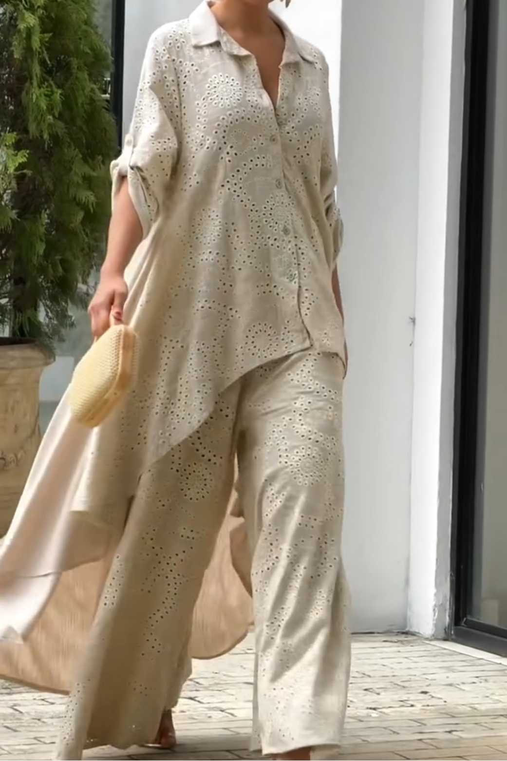 Bohemian Eyelet Embroidered Oversized Shirt and Palazzo Pants Set