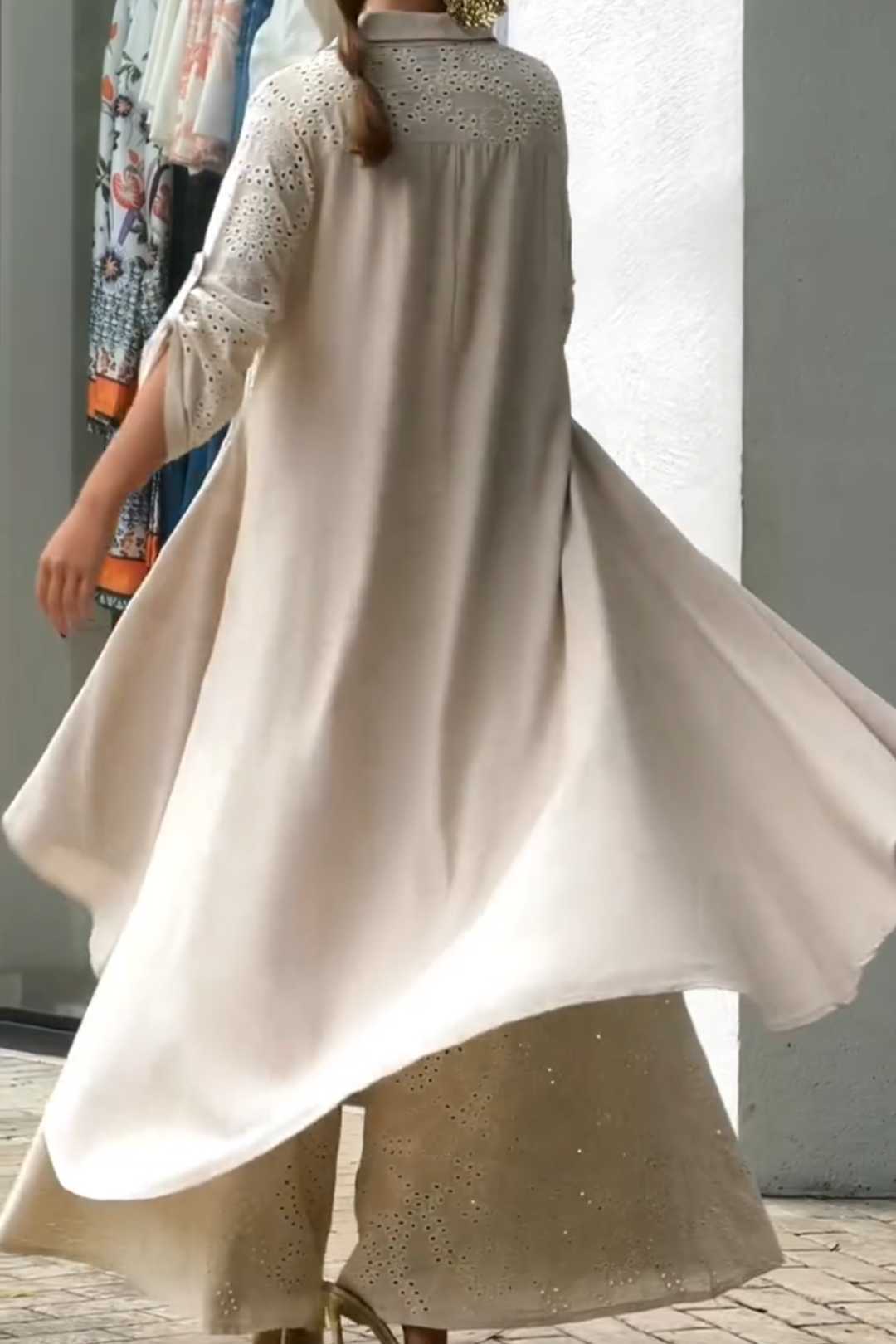 Bohemian Eyelet Embroidered Oversized Shirt and Palazzo Pants Set