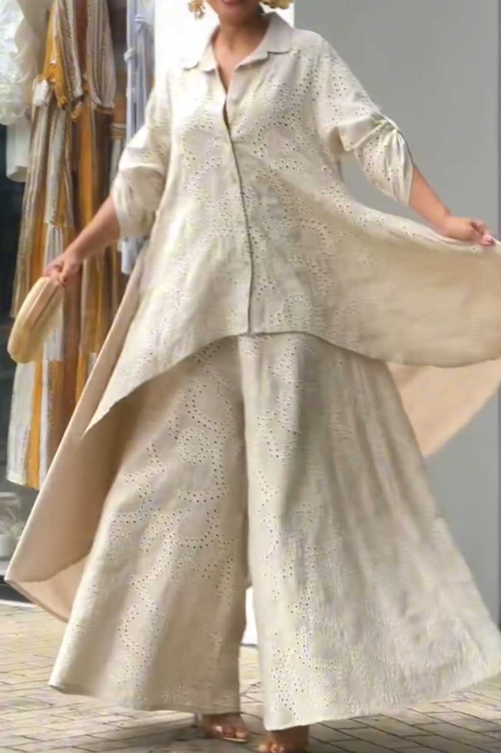 Bohemian Eyelet Embroidered Oversized Shirt and Palazzo Pants Set