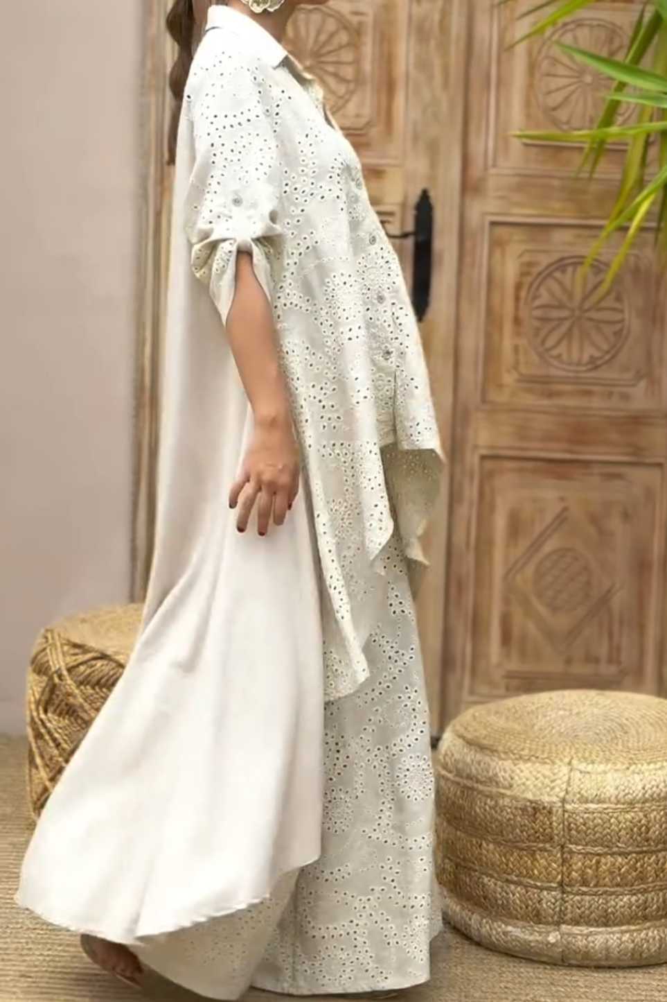 Bohemian Eyelet Embroidered Oversized Shirt and Palazzo Pants Set