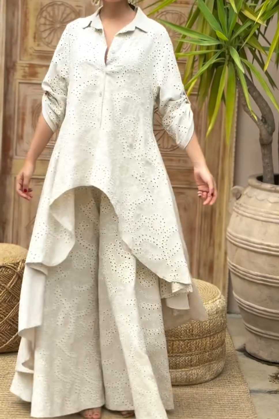 Bohemian Eyelet Embroidered Oversized Shirt and Palazzo Pants Set