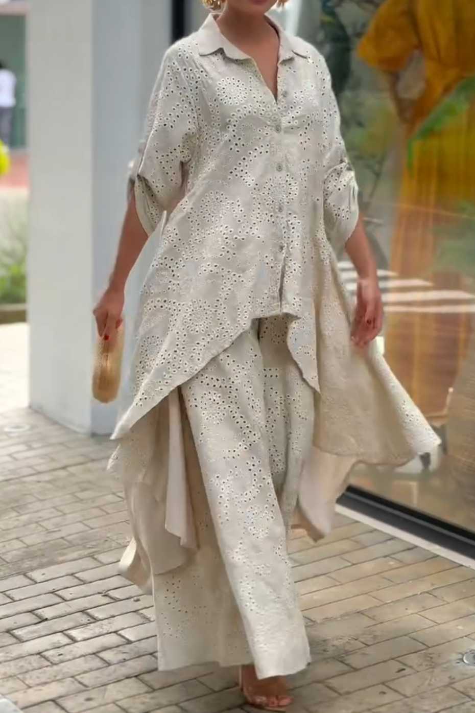 Bohemian Eyelet Embroidered Oversized Shirt and Palazzo Pants Set