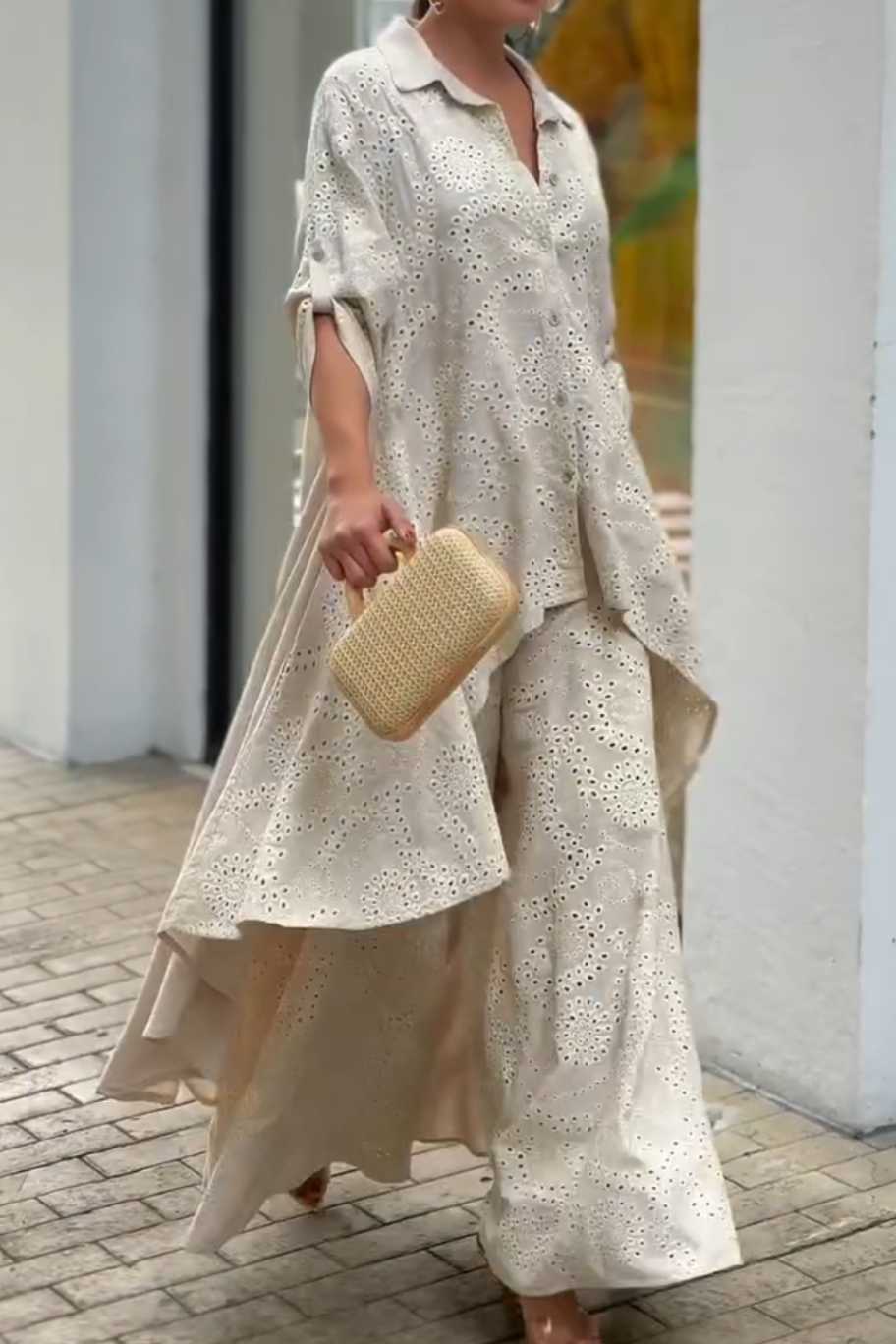 Bohemian Eyelet Embroidered Oversized Shirt and Palazzo Pants Set