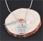Angel Wing Necklace with Pearl - Engraved Round - "A piece of my heart lives in heaven"