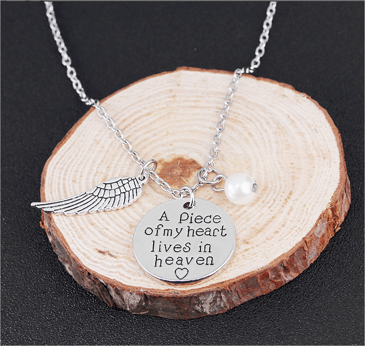 Angel Wing Necklace with Pearl - Engraved Round - "A piece of my heart lives in heaven"