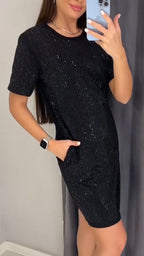 Casual Rhinestone Double Pocket Dress