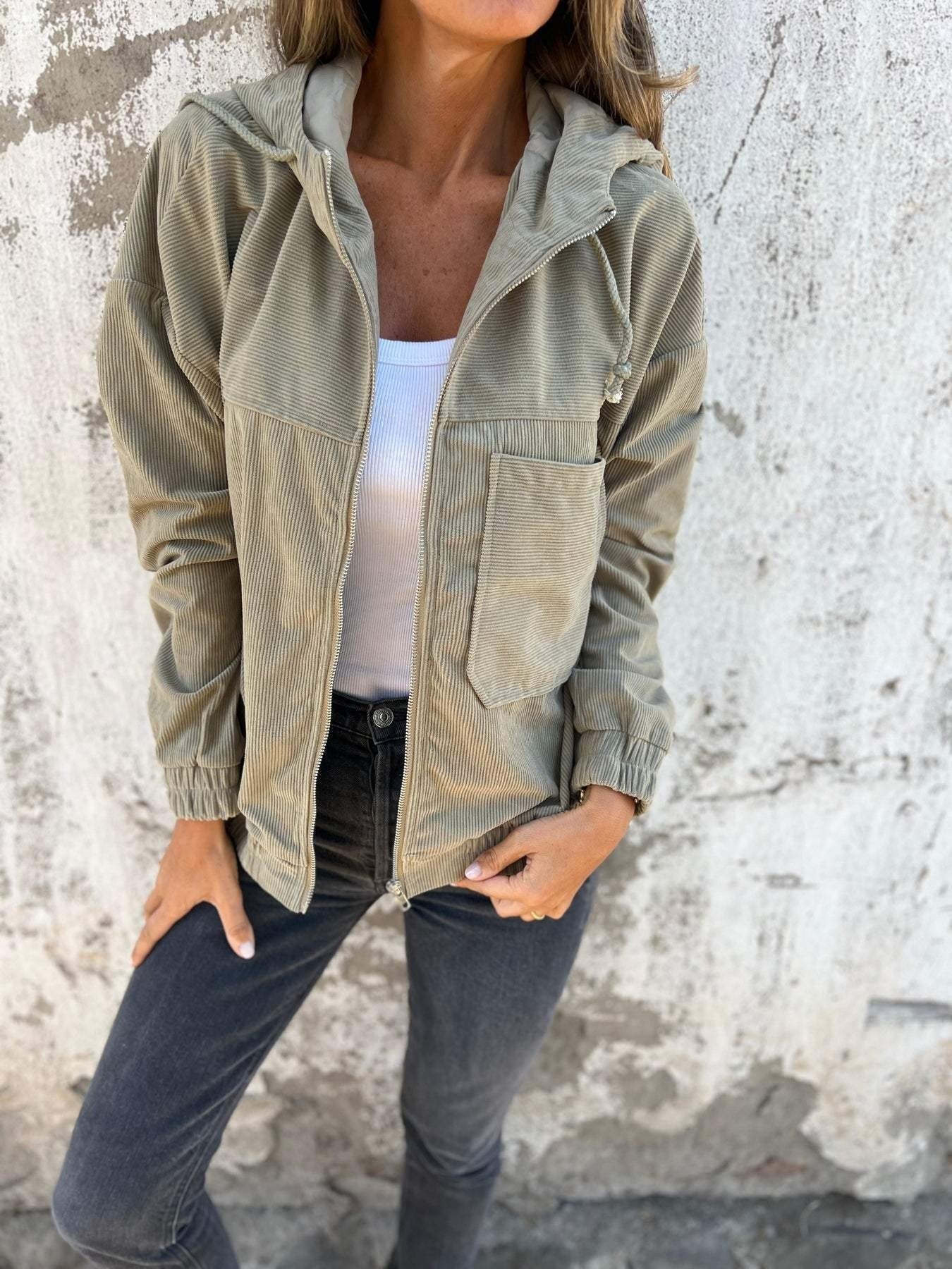 Corduroy Casual Zip Hooded Jacket
