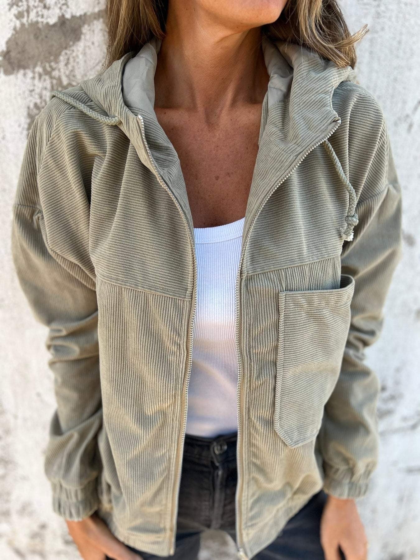 Corduroy Casual Zip Hooded Jacket