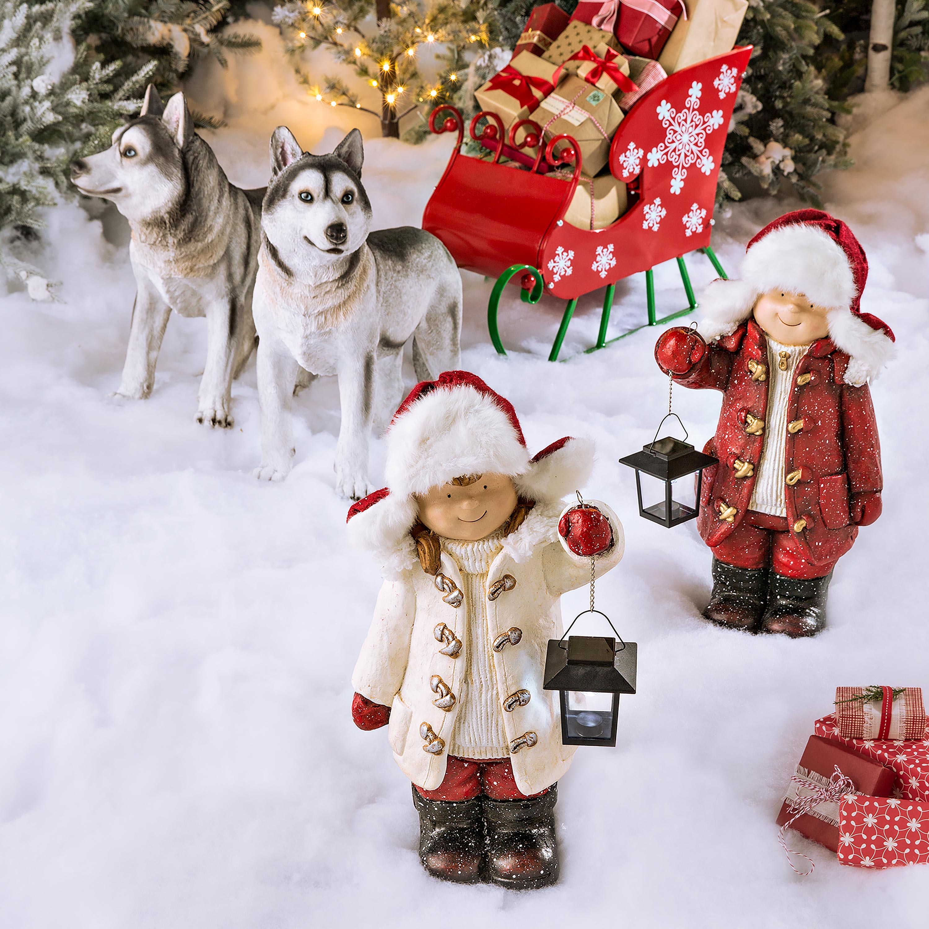 Children with Solar Lantern Figurines, Set of 2