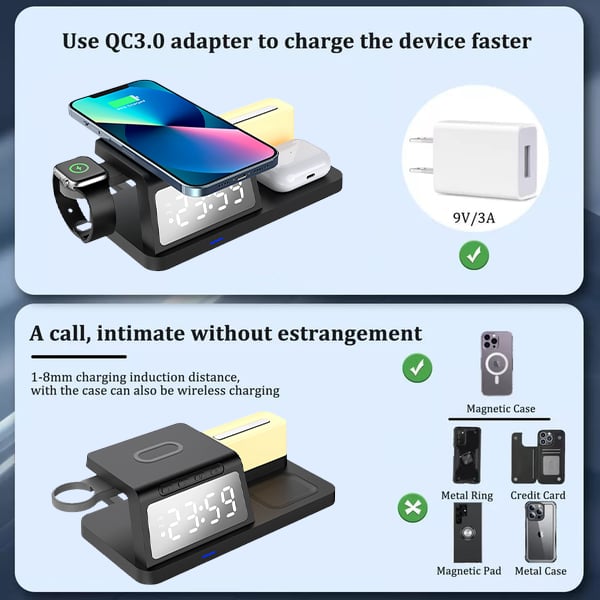 Charging Station with Clock, Wireless Charger with Night Light（Fast Charging)⚡