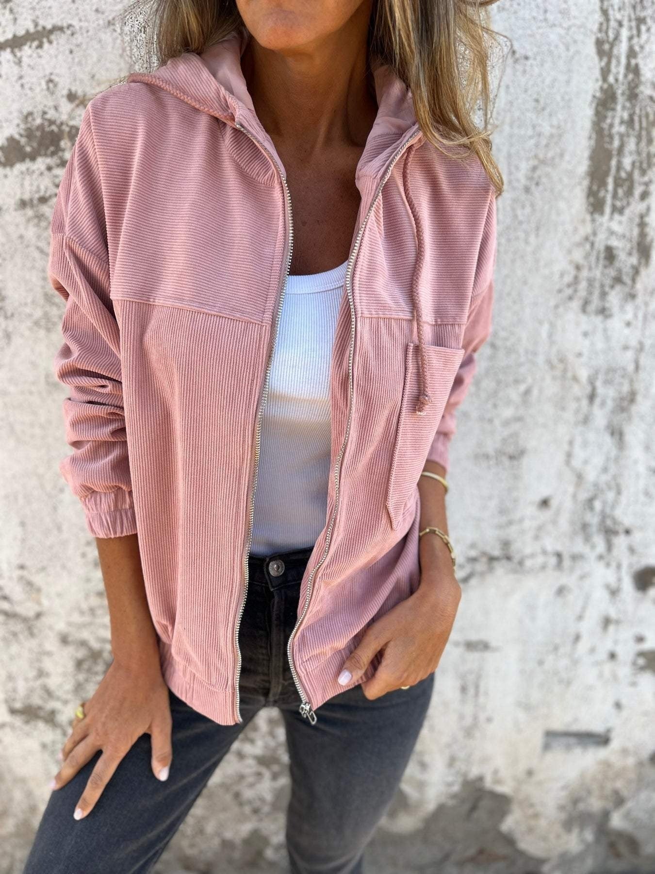 Corduroy Casual Zip Hooded Jacket