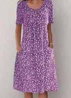 Casual Women Polyester Scoop Neck Floral Dress (8 Colors with Pockets)