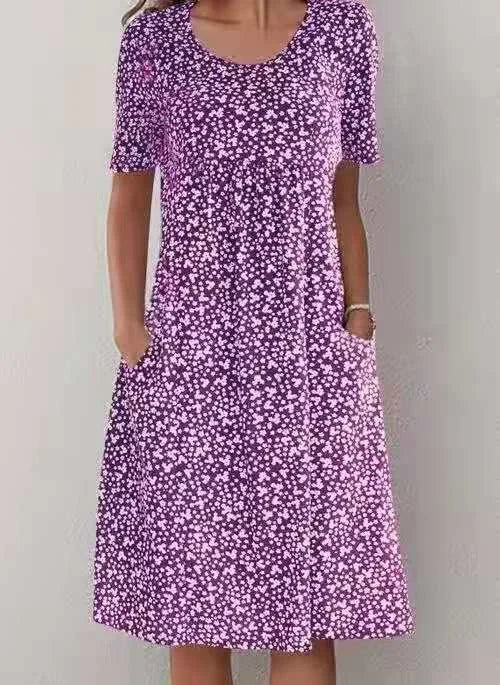 Casual Women Polyester Scoop Neck Floral Dress (8 Colors with Pockets)