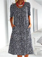 Casual Women Polyester Scoop Neck Floral Dress (8 Colors with Pockets)