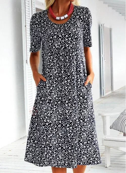 Casual Women Polyester Scoop Neck Floral Dress (8 Colors with Pockets)