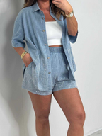Denim Diamond Detail Loose Shirt and Shorts Set