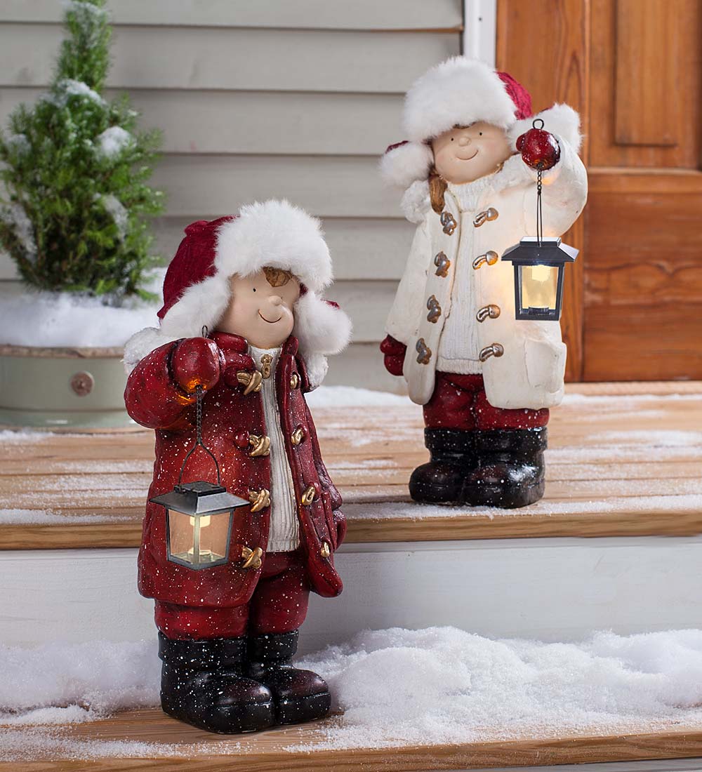 Children with Solar Lantern Figurines, Set of 2