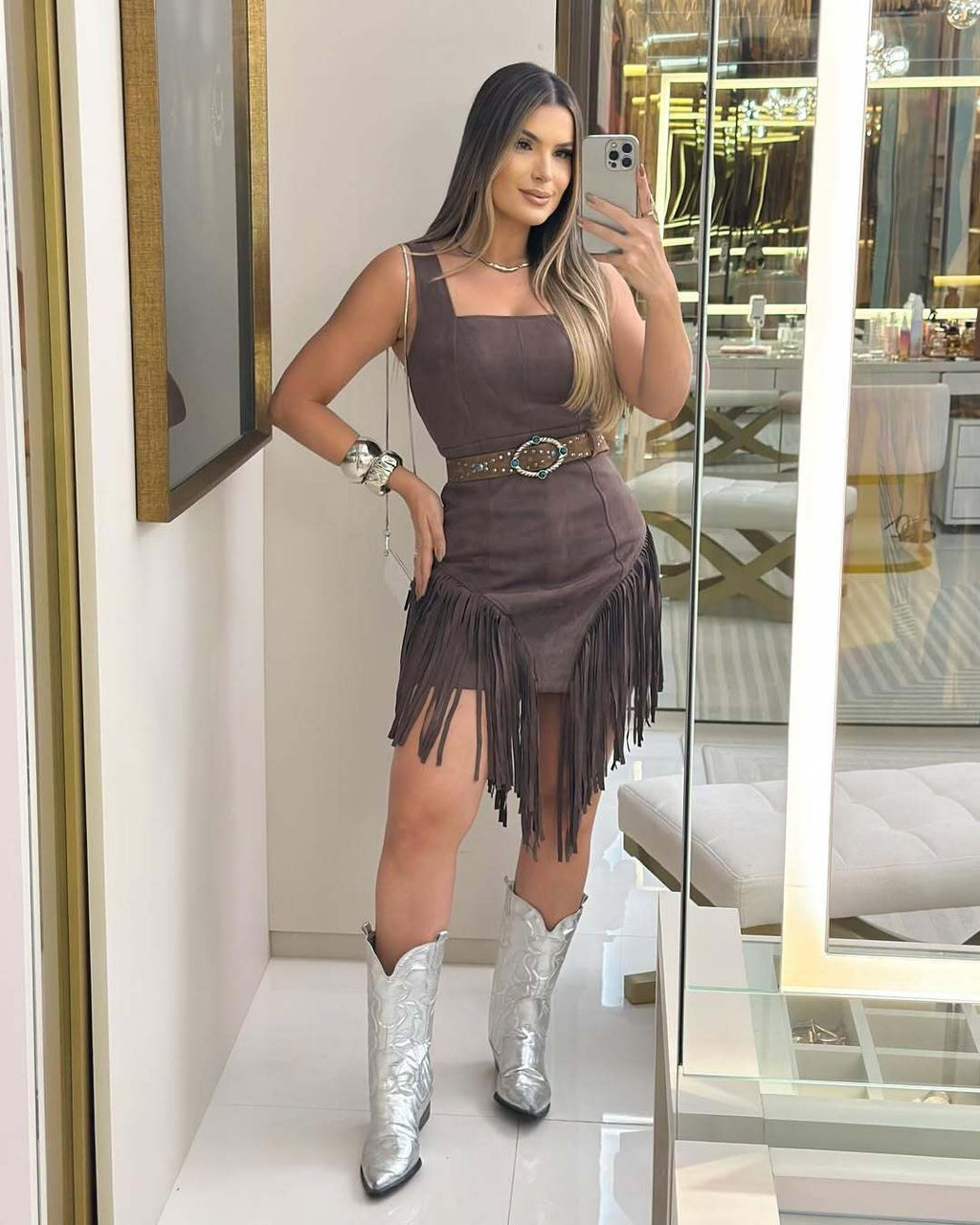 Chic Fringed Mini Dress for Women - With Belt