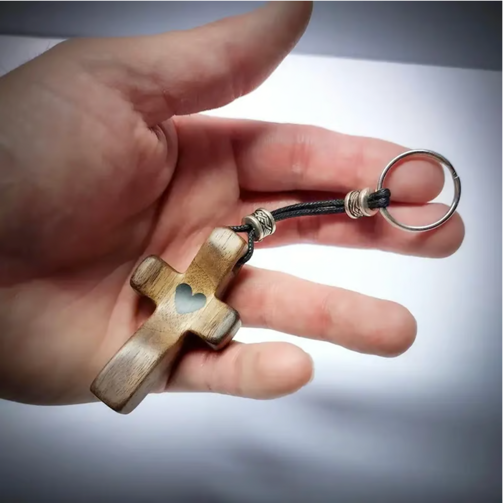 Artisanal Walnut Wood Cross Keychain with Heart Pendant