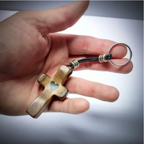 Artisanal Walnut Wood Cross Keychain with Heart Pendant