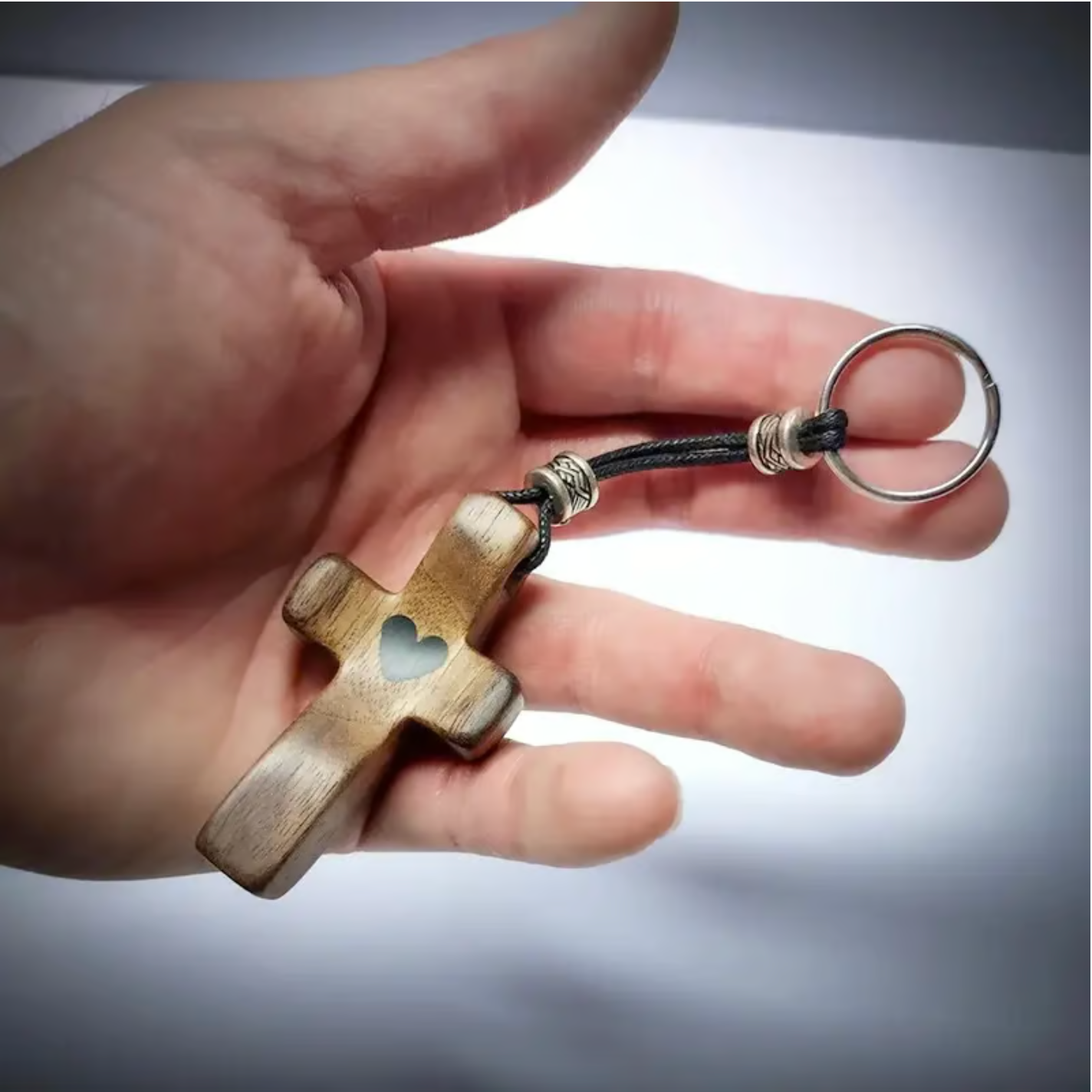 Artisanal Walnut Wood Cross Keychain with Heart Pendant