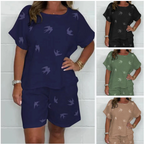 Casual Printed Cotton-Linen Short Sleeve Shorts Set