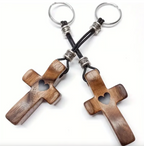 Artisanal Walnut Wood Cross Keychain with Heart Pendant