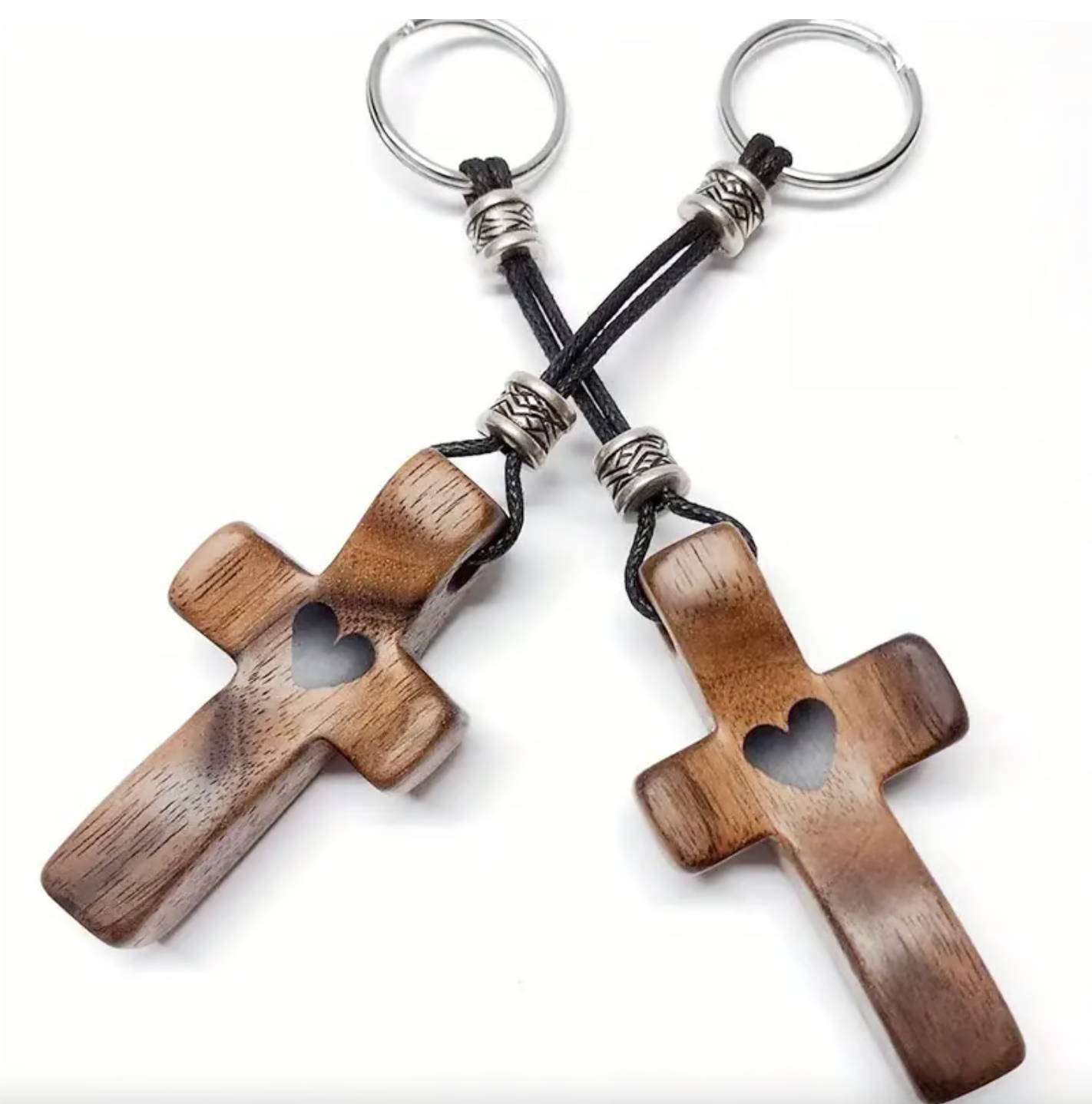 Artisanal Walnut Wood Cross Keychain with Heart Pendant
