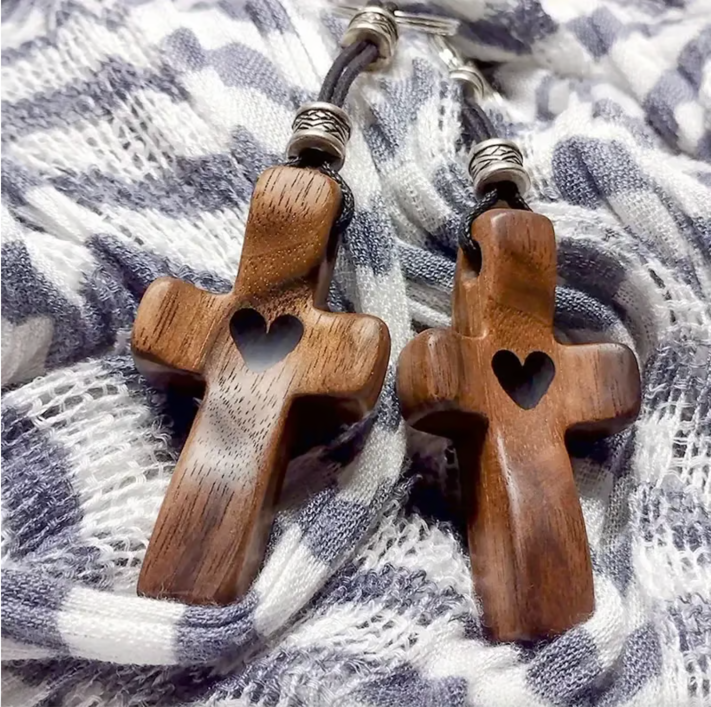Artisanal Walnut Wood Cross Keychain with Heart Pendant