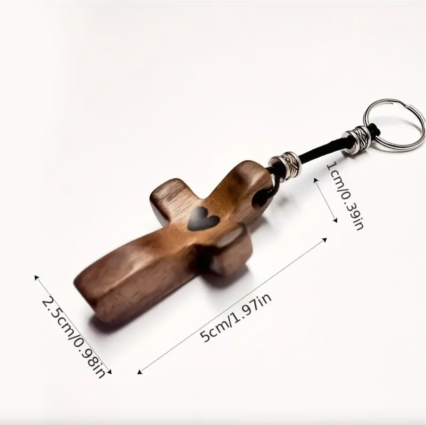 Artisanal Walnut Wood Cross Keychain with Heart Pendant