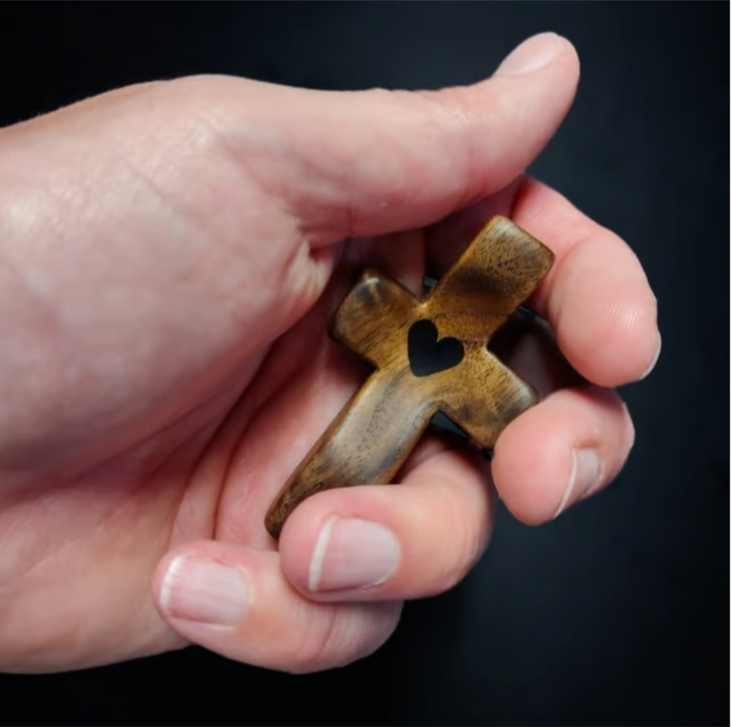 Artisanal Walnut Wood Cross Keychain with Heart Pendant