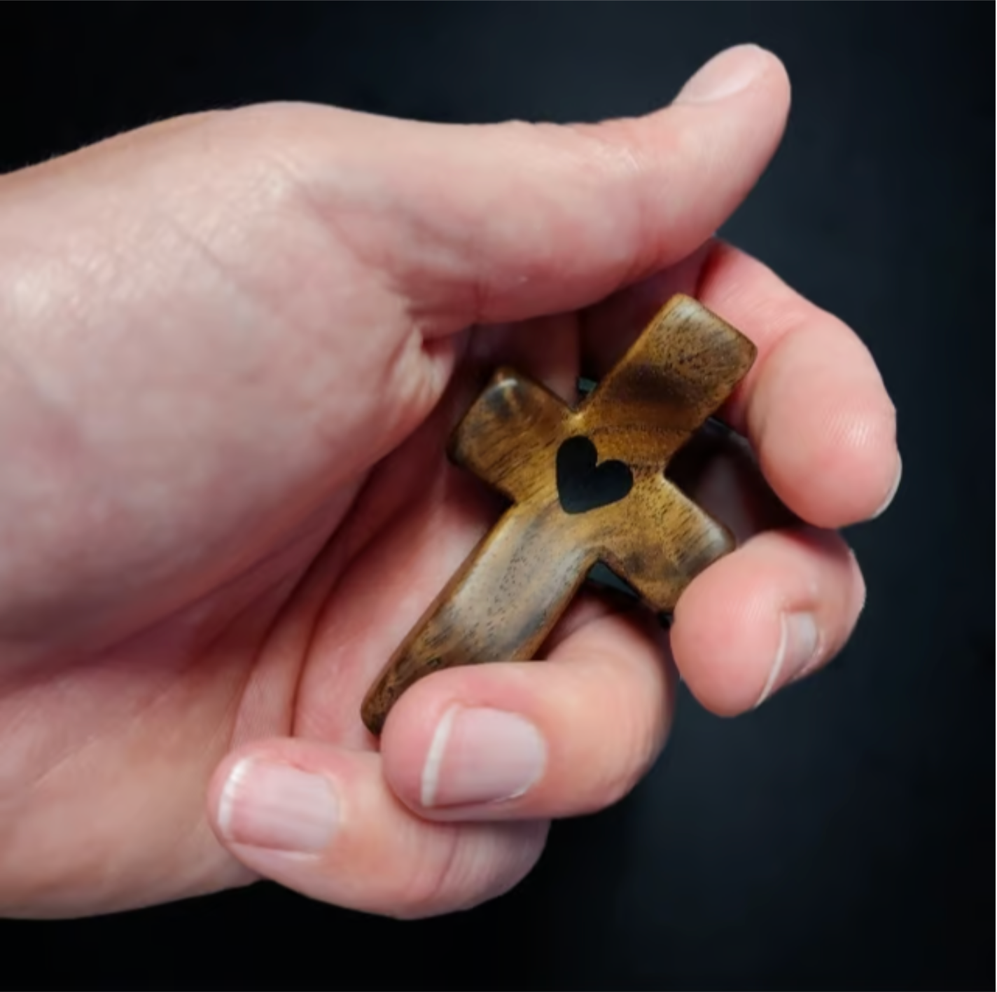 Artisanal Walnut Wood Cross Keychain with Heart Pendant