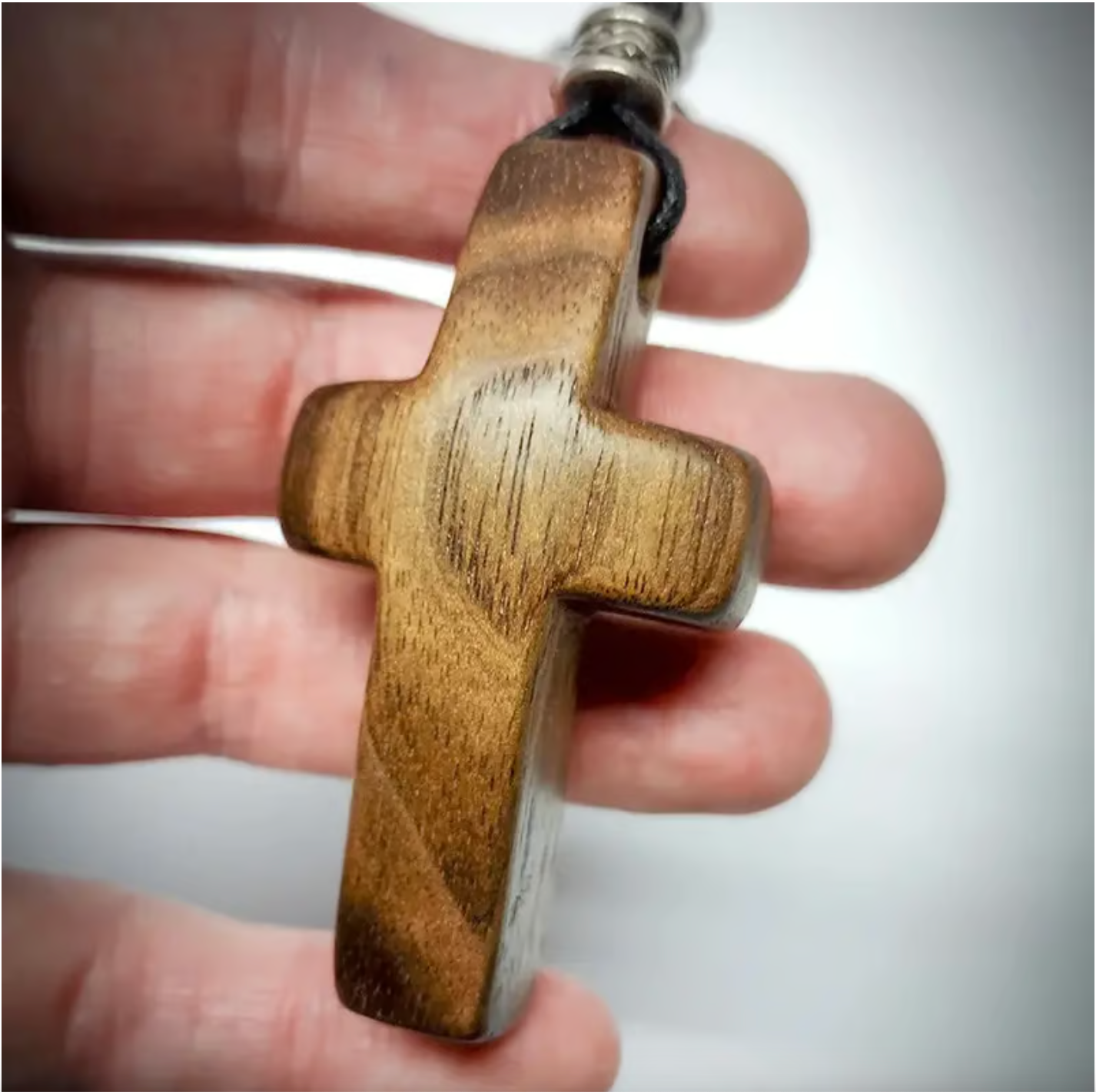 Artisanal Walnut Wood Cross Keychain with Heart Pendant